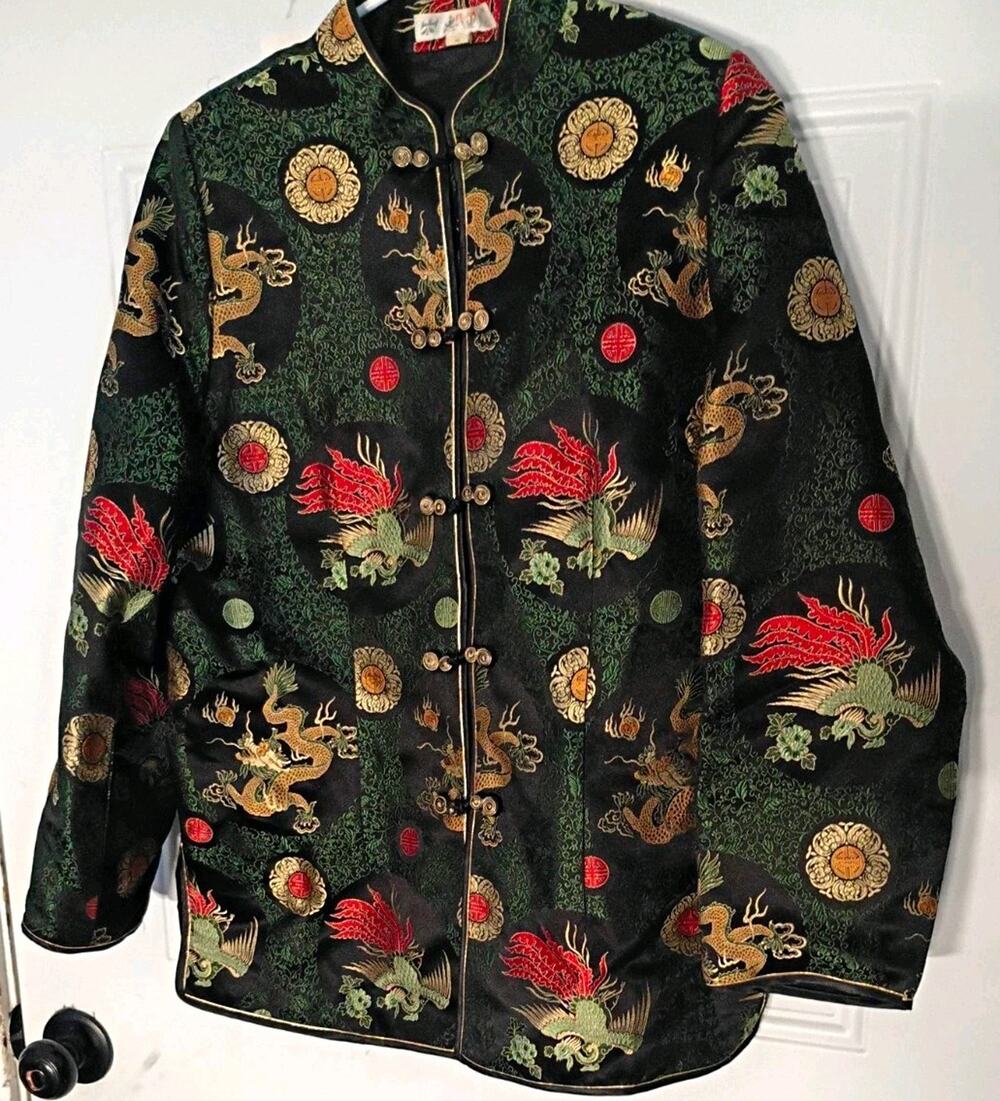 Vintage Chinese Silk Jacket Black/Green Dragon Phoenix Frog Closure silk blend